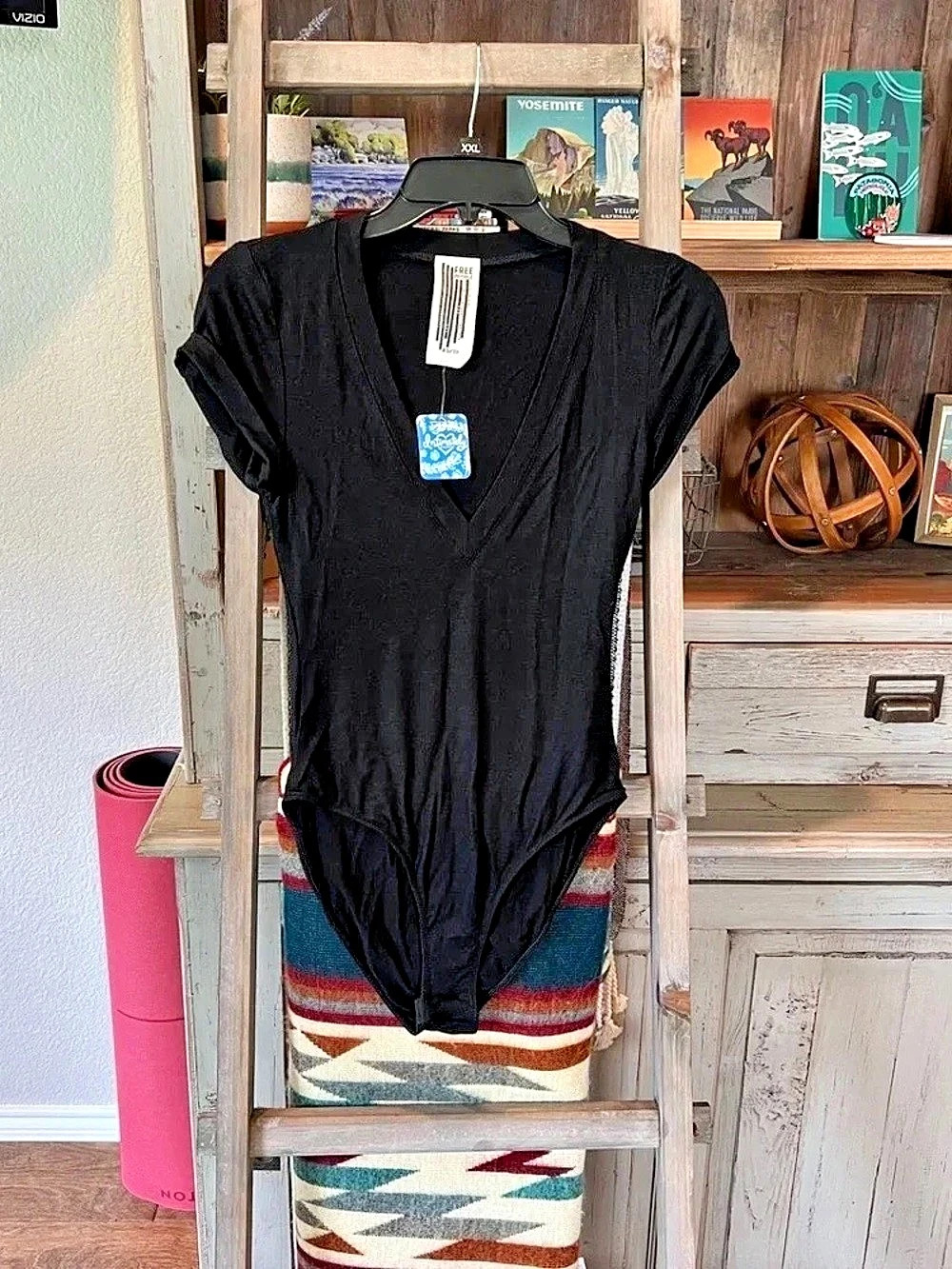 Free People Deep V-Neck Short Sleeve Bodysuit Black NWT